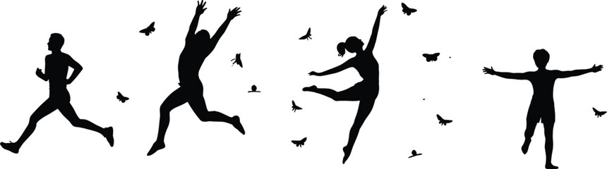 Dynamic human silhouette, joyful movement, butterfly freedom, dance pose, running figure, expressive gesture, flat vector illustration, black white design, energy art