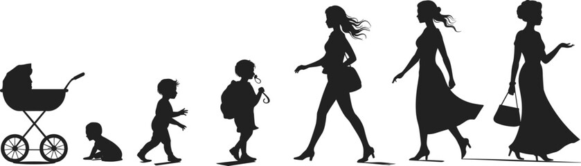 Female life stages, aging process, woman growth, childhood to elderly, silhouette timeline, flat vector illustration, black white concept, development journey