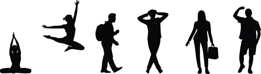 Human silhouette, lifestyle pose, yoga posture, dance leap, walking figure, business stance, casual gesture, daily activity, flat vector illustration