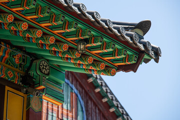 wooden eaves of the traditional Korean building in the Buddhist temple 