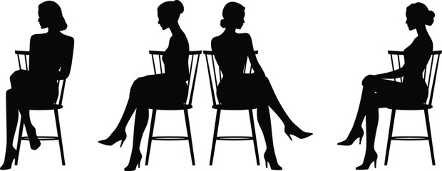 Woman silhouette, seated pose, elegant posture, high heels, chair sitting, bun hairstyle, fashion gesture, flat vector illustration
