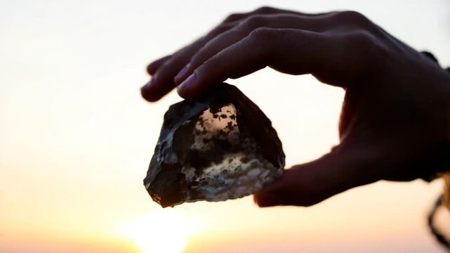 A Hand Holding a Stone at Sunset.