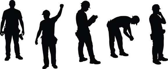 Construction worker, labor silhouette, hard hat, job site, manual work, inspection pose, industrial action, flat vector illustration