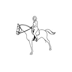 Black and white line art of a beautiful woman with perfect body riding horse elegant minimalist illustration