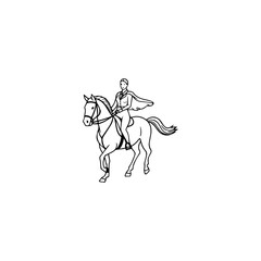 Black and white line art of a beautiful woman with perfect body riding horse elegant minimalist illustration
