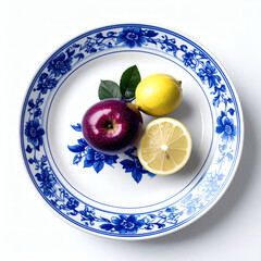 Porzellanteller mit Apfel und Zitronen auf weißem Hintergrund