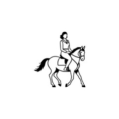 Black and white line art of a beautiful woman with perfect body riding horse elegant minimalist illustration