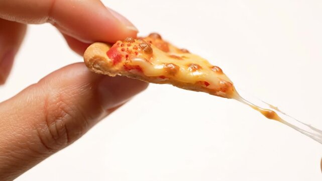 Macro shot of tiny pizza slice being held, showing stretchy cheese, Close-up of miniature pizza held between two fingers, with cheese stretching