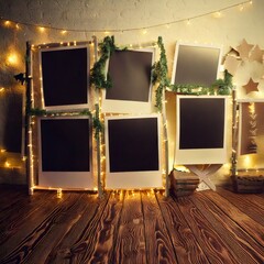 Photo Frame Display: A charming display of framed photos, inviting the viewer to imagine personal memories within, framed by delicate lights and rustic wooden details.