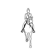 Black and white line art of a beautiful woman with perfect body riding horse elegant minimalist illustration