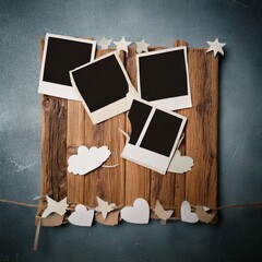 Rustic Photo Display: A charming wooden board adorned with blank photo frames and delicate paper cutouts, creating a nostalgic and artistic display.