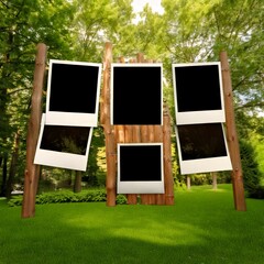 Blank Canvas in Nature's Embrace: A charming display of five blank photo frames stands gracefully amidst a vibrant green lawn.