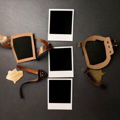 Polaroid and Leather Craft:  A captivating overhead shot showcasing polaroid photos artfully arranged with artisan leather craft elements, revealing the intersection of memory and artistic expression.