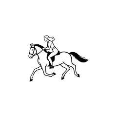 Black and white line art of a beautiful woman with perfect body riding horse elegant minimalist illustration