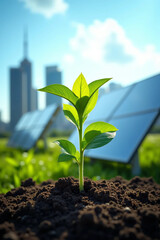 Young green plant growing in front of solar panels with city skyline under bright sun, symbolizing renewable energy and sustainable future