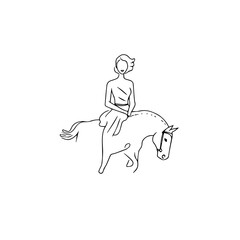 Black and white line art of a beautiful woman with perfect body riding horse elegant minimalist illustration