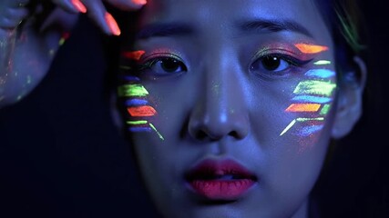 Medium Close-Up Creative korean makeup portrait with neon face paint glowing under UV light, futuristic style - Powered by Adobe