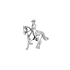 Black and white line art of a beautiful woman with perfect body riding horse elegant minimalist illustration