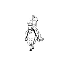 Black and white line art of a beautiful woman with perfect body riding horse elegant minimalist illustration