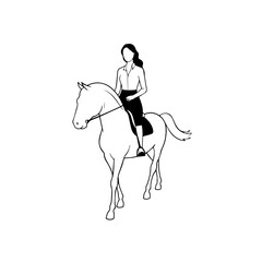 Black and white line art of a beautiful woman with perfect body riding horse elegant minimalist illustration