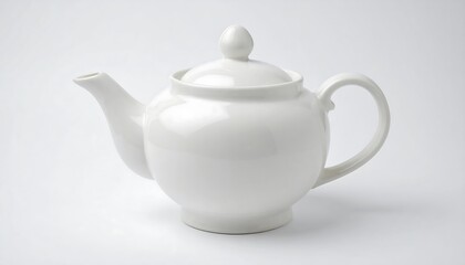 Clean white ceramic teapot, lid-topped, curved handle, slender spout, on seamless backdrop