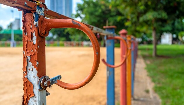 An aged, colorful metal railing with peeling paint borders a sandy play area in a park, trees and buildings in background