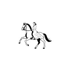 Black and white line art of a beautiful woman with perfect body riding horse elegant minimalist illustration