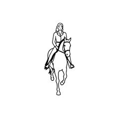 Black and white line art of a beautiful woman with perfect body riding horse elegant minimalist illustration