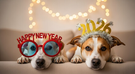 Dogs Wearing New Year Glasses and 2026 Headband Celebration.
