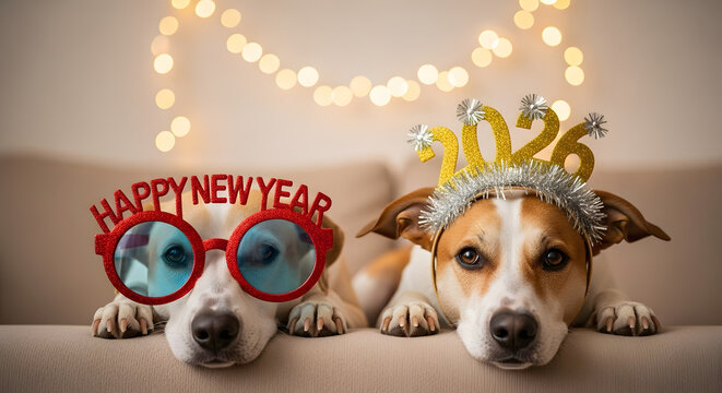 Dogs Wearing New Year Glasses and 2026 Headband Celebration.