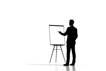 Silhouette of a business man near a presentation board on a neutral white background. Business, society, economy, health, relationships. For designers, marketers, IT. Popular image, illustration.