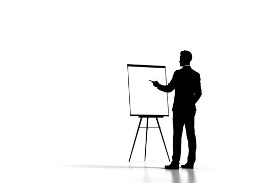 Silhouette of a business man near a presentation board on a neutral white background. Business, society, economy, health, relationships. For designers, marketers, IT. Popular image, illustration. - Powered by Adobe