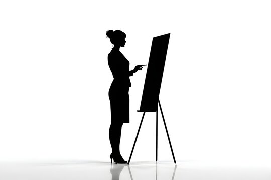 Silhouette of a business man near a presentation board on a neutral white background. Business, society, economy, health, relationships. For designers, marketers, IT. Popular image, illustration.