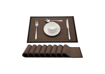 Rectangular Woven Placemats with Black Borders – Dining Table Mats Set of 6 with Cup, Saucer, Fork, Knife, and Spoon – Multiple Color Options – Flexible Rollable Design on White Background