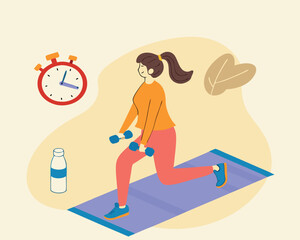 Fitness training illustration showing a woman doing lunges with dumbbells on a gym mat, stopwatch and water bottle nearby, progress, and motivational headline area