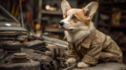 Anthropomorphic dog in a garage setting mimics a car repair scene, merging animal humor with professional aesthetics
