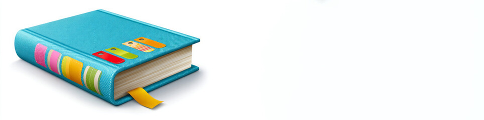 Blue hardcover book with colorful tabs and empty space, suitable for promotional designs, quotes, or educational campaigns