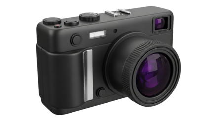 A sleek matte black digital camera with a purple lens stands out with its minimalist design.