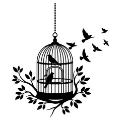 Birds escaping cage, freedom concept, silhouette illustration.