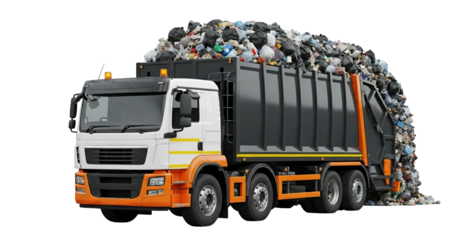 A fully loaded, refuse collection vehicle with trash spills onto the ground at disposal site.