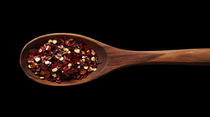 Macro Close-up Red pepper flakes in a wooden spoon a close-up shot against a black background perfect for culinary and spice-related designs isolated on black background