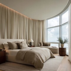 Luxurious bedroom with expansive panoramic windows offers a serene retreat, showcasing elegant design and attention to detail. This inviting space features neutral tones, plush textures.