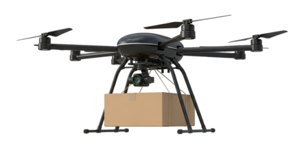 Delivery drone carrying a package with camera, futuristic and automated aerial transport concept.