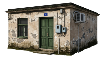 Exterior view of a weathered building featuring peeling paint, an air conditioner, and green door