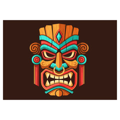 Colorful Wooden Tiki Mask with Intricate Carvings and Fierce Expression.
