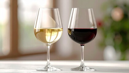 Fototapeta premium A sophisticated pair of wine glasses, one filled with vibrant red wine and the other with crisp white wine, elegantly presented for a refined tasting experience or a moment of pure enjoyment