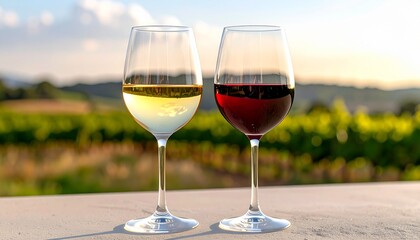 A perfect pairing of red and white wine in elegant glasses with a picturesque view of rolling vineyard hills at dusk