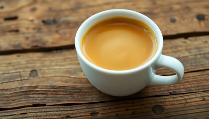 Hot coffee in a white ceramic cup is placed on a wooden table.