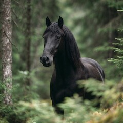 Fototapeta premium Black horse gazing calmly in lush forest