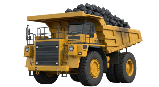 Isolated yellow mining truck carrying a load of rocks showing robust design and industrial power.